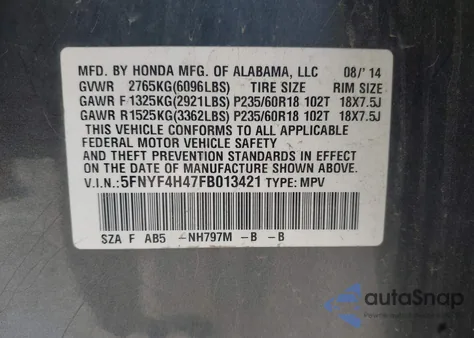 2015 Honda Pilot Ex from USA, damaged, VIN 5FNYF4H47FB013421